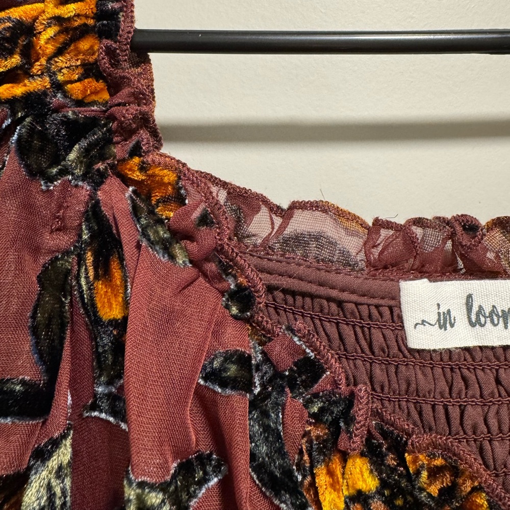 Burgundy and Gold Floral Long Sleeve Dress - Picture 7 of 15